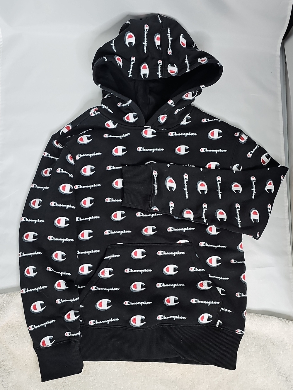Champion Black Hoodie with Red & White Logo Print